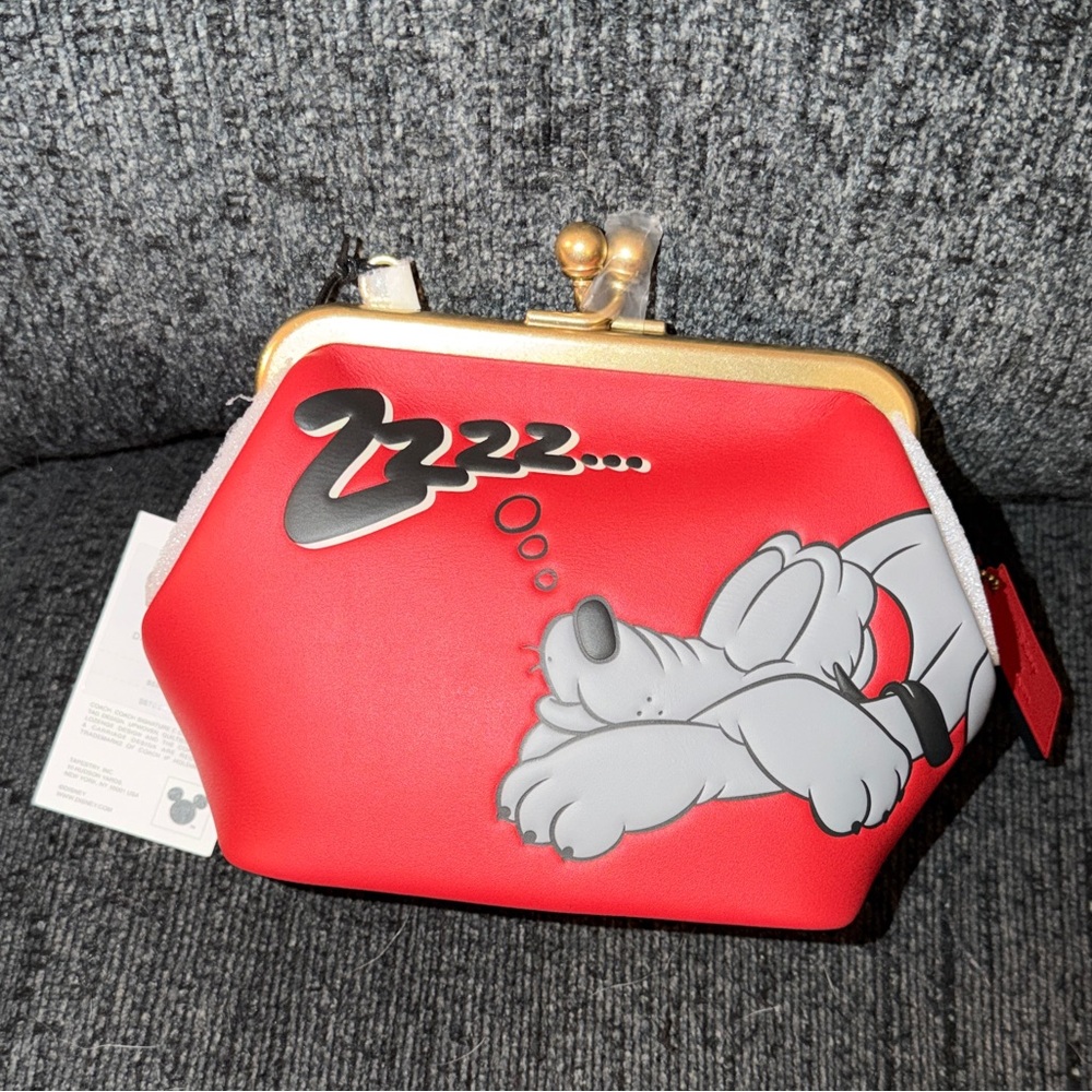 Coach X Disney Pluto Kisslock Frame Bag Brass/Red Multi Glovetanned Leather NWT